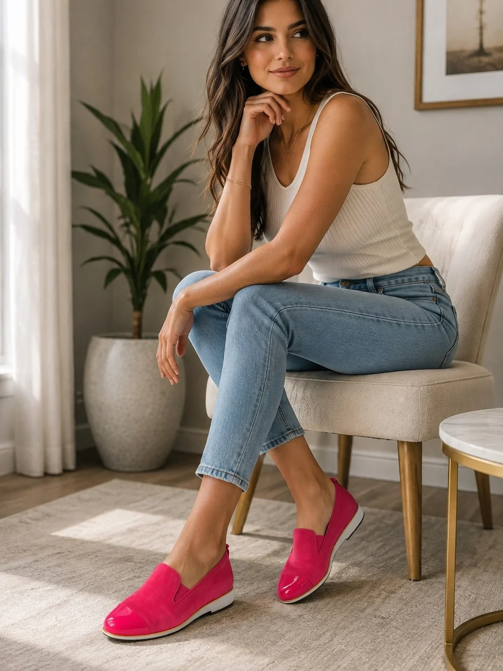 Hot pink Cole Haan Grand Ambition slip-on loafers with glossy patent cap toes.